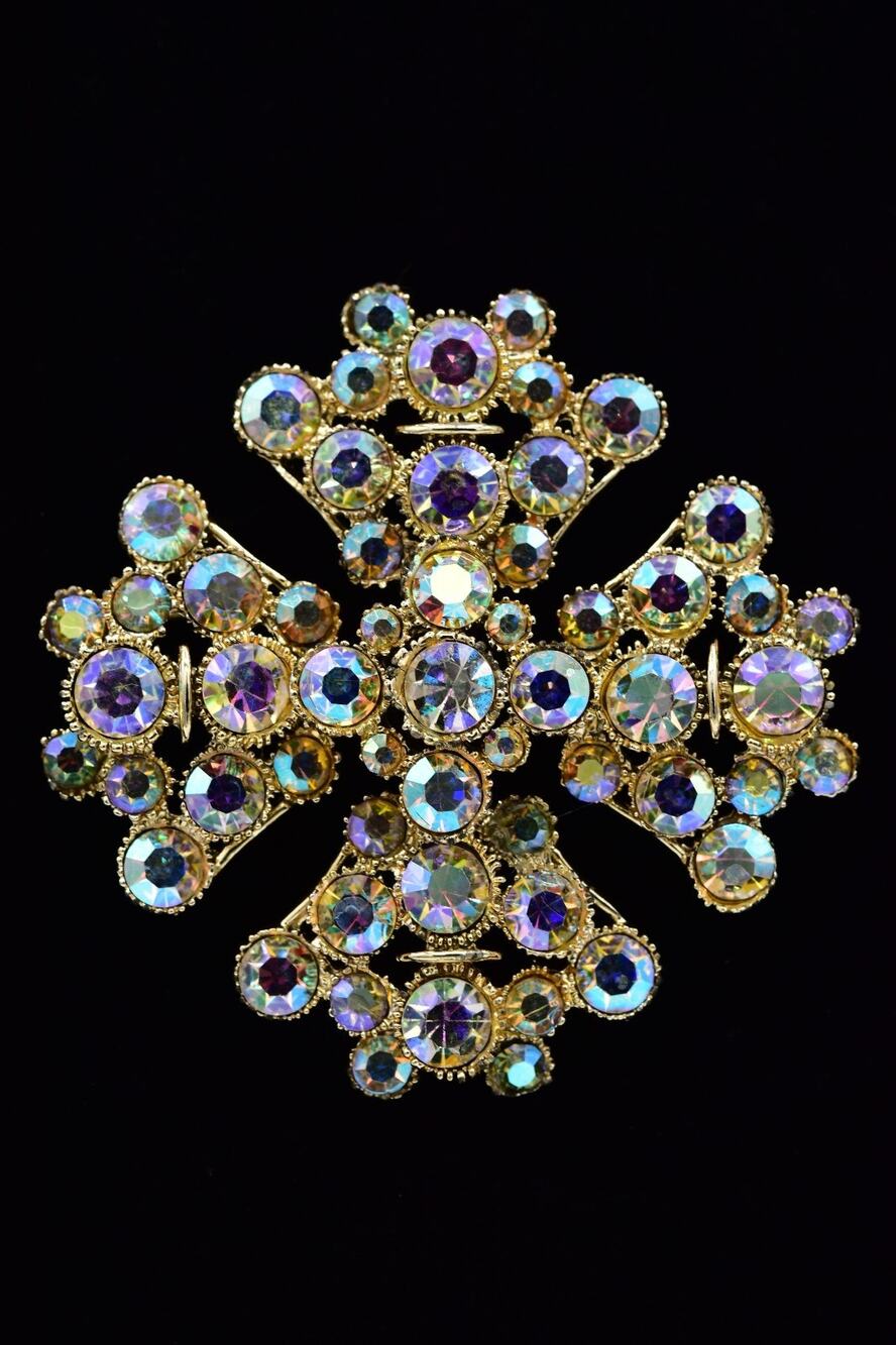 Vintage Maltese Cross Brooch Aurora Borealis Rhinestone Crystal Statement BinAT